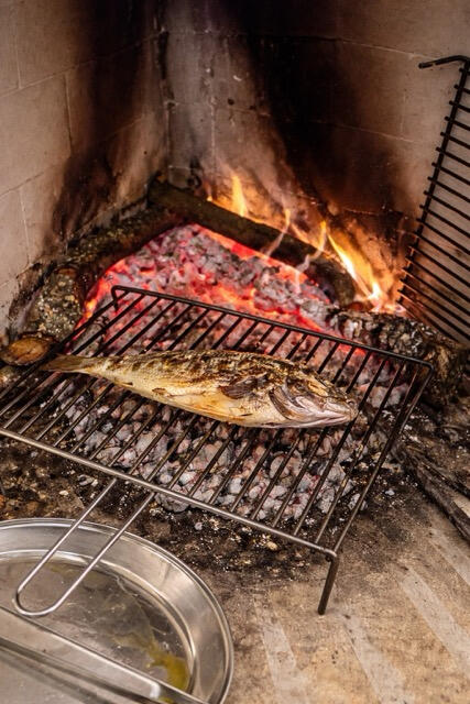 Fresh Fish Grilled on the Open Fire Inside Trattoria Locanda Stella, Monti Fresh local fish cooking on the open indoor fireplace grill at Trattoria Locanda Stella in Monti, Sardinia.
